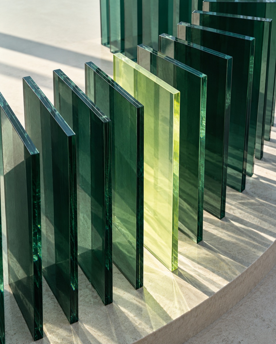 Architectural study of layered green glass, aligned into a clear structure
